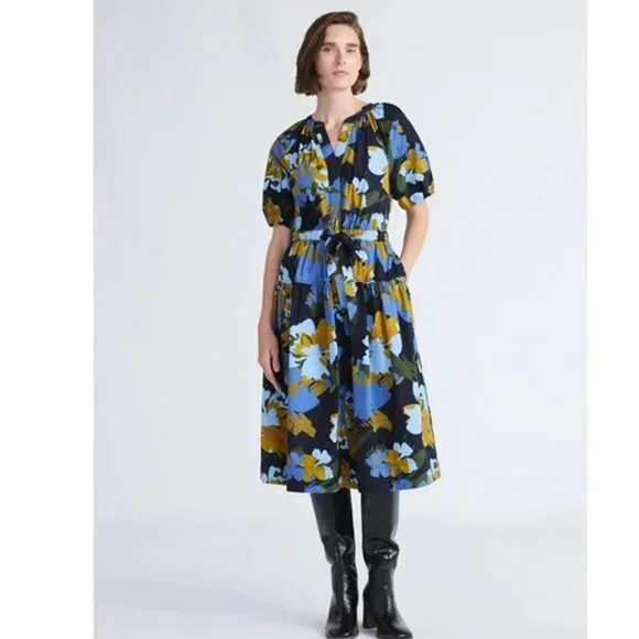 Free Assembly Blue Floral Belted Cotton Midi V-Neck Puff Sleeves Dress Various - Picture 2 of 6